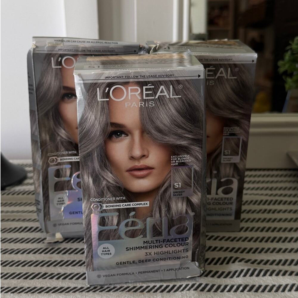 L’Oreal Feria S1 Smokey Silver Permanent Hair Color 3 Pack New Damaged Box